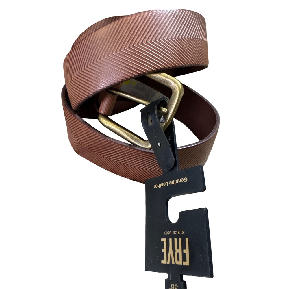 Frye Mens 38 Genuine Leather Belt Chevron Herringbone Embossed Cognac Brown NEW